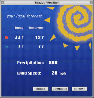 Screenshot of my software, Snazzy Weather, showing basic weather info on a blue background with a sun in the corner
