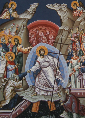 Icon or image of Jesus releasing the righteous-who-died-before-Christ from hades, as He opened the gates of heaven by his death and resurrection.