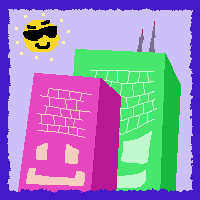 Boiling-animated evil building behind a happy building